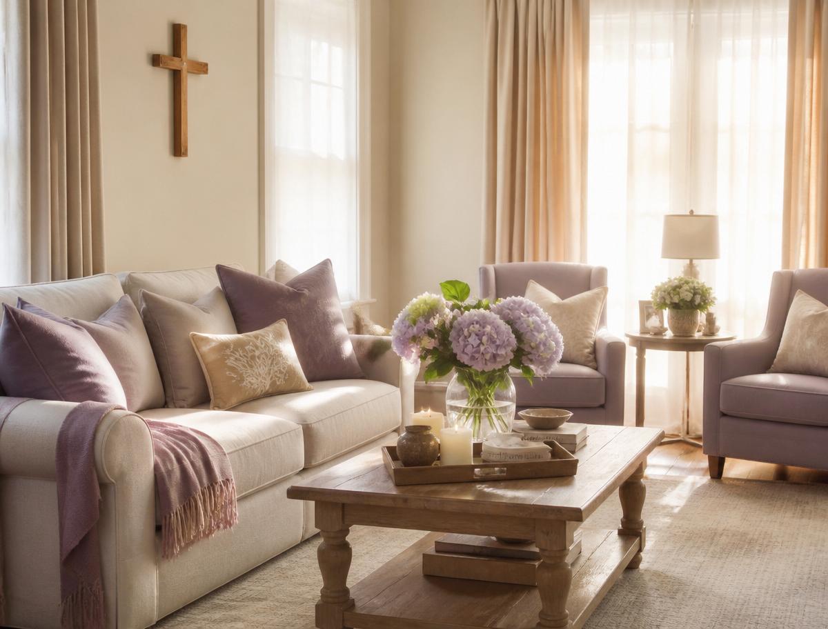 A warm, peaceful living room inside the restoration house